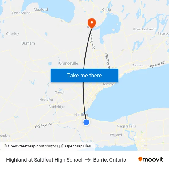 Highland at Saltfleet High School to Barrie, Ontario map