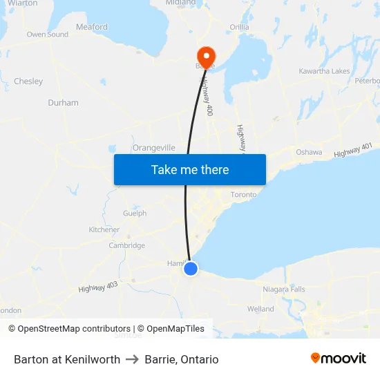 Barton at Kenilworth to Barrie, Ontario map