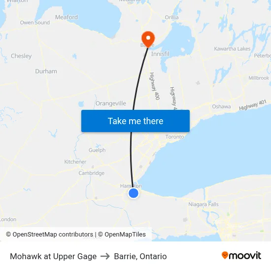 Mohawk at Upper Gage to Barrie, Ontario map
