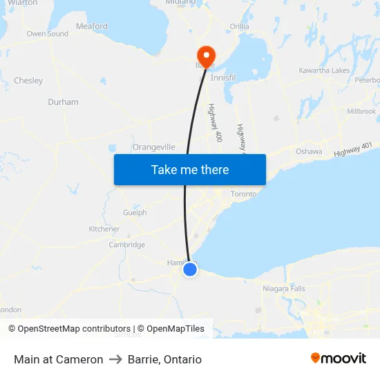 Main at Cameron to Barrie, Ontario map