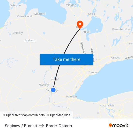 Saginaw / Burnett to Barrie, Ontario map