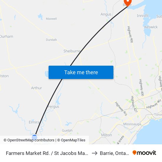 Farmers Market Rd. / St Jacobs Market to Barrie, Ontario map