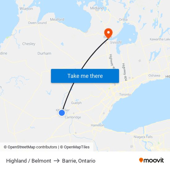 Highland / Belmont to Barrie, Ontario map