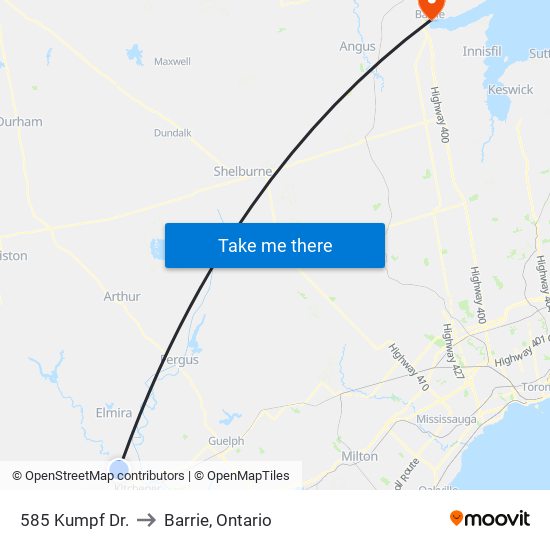 585 Kumpf Dr. to Barrie, Ontario map