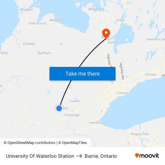 University Of Waterloo Station to Barrie, Ontario map