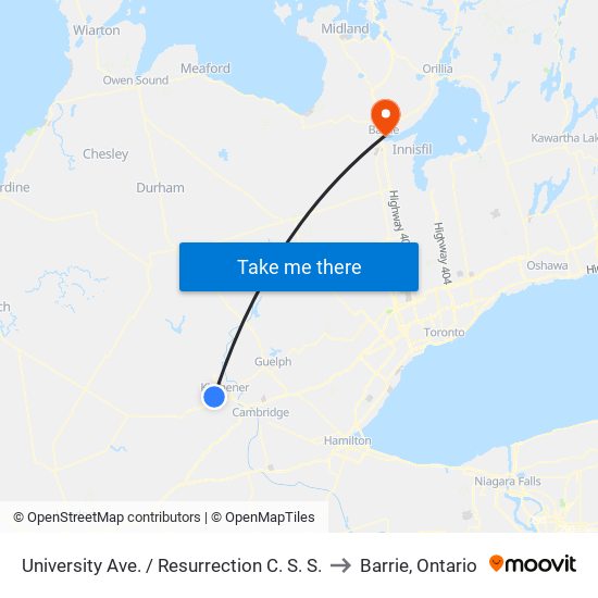 University Ave. / Resurrection C. S. S. to Barrie, Ontario map