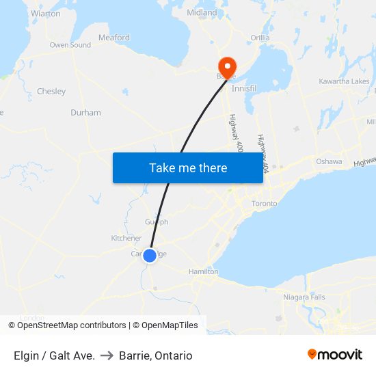 Elgin / Galt Ave. to Barrie, Ontario map