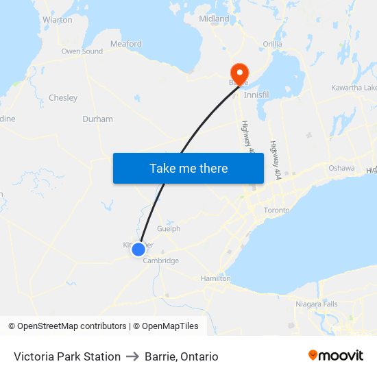 Victoria Park Station to Barrie, Ontario map