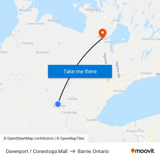 Davenport / Conestoga Mall to Barrie, Ontario map