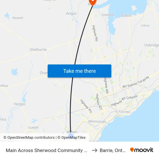 Main Across Sherwood Community Centre to Barrie, Ontario map