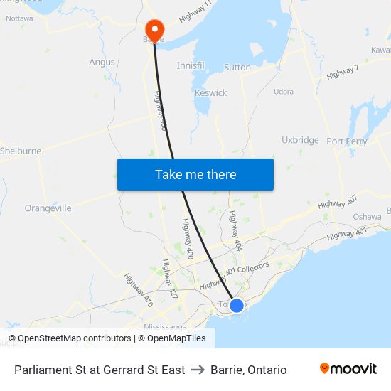 Parliament St at Gerrard St East to Barrie, Ontario map