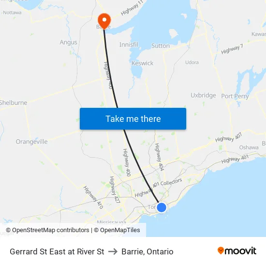 Gerrard St East at River St to Barrie, Ontario map