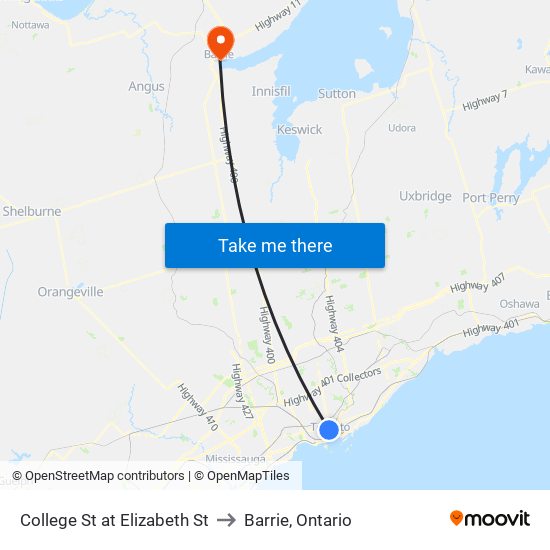 College St at Elizabeth St to Barrie, Ontario map