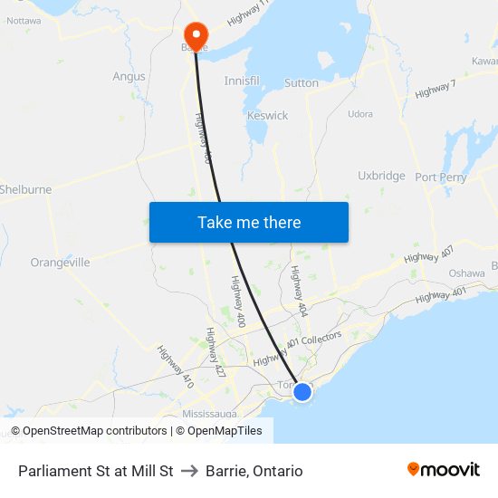 Parliament St at Mill St to Barrie, Ontario map