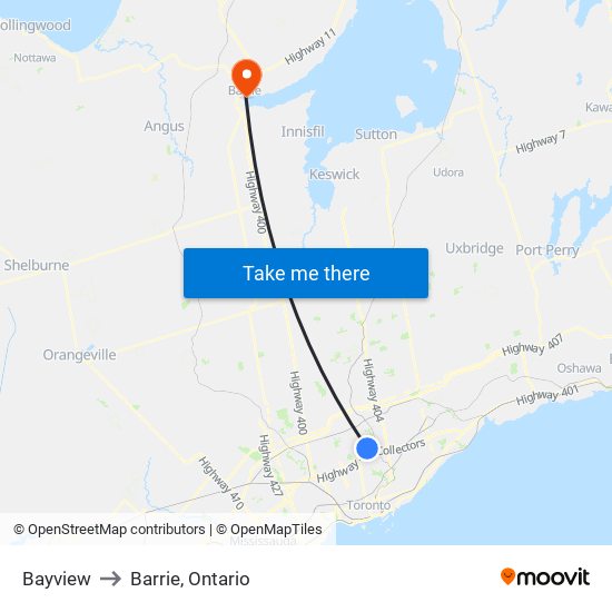 Bayview to Barrie, Ontario map