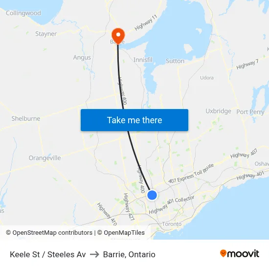 Keele St / Steeles Av to Barrie, Ontario map