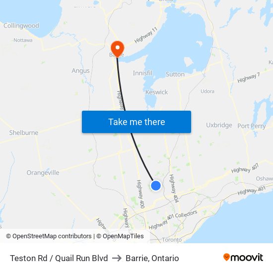 Teston Rd / Quail Run Blvd to Barrie, Ontario map