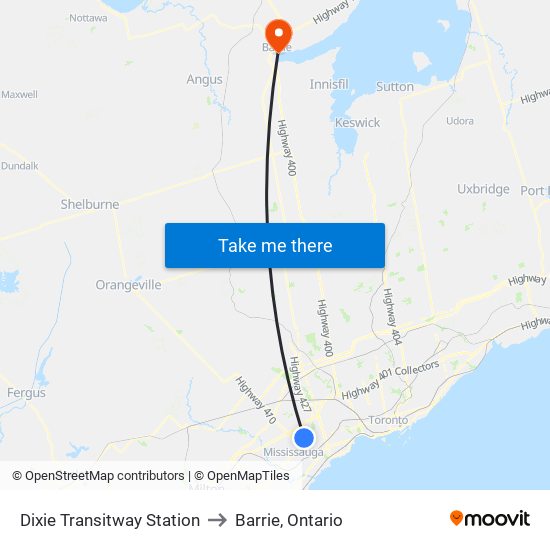 Dixie Transitway Station to Barrie, Ontario map