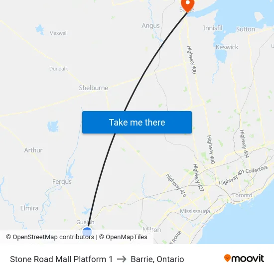 Stone Road Mall Platform 1 to Barrie, Ontario map