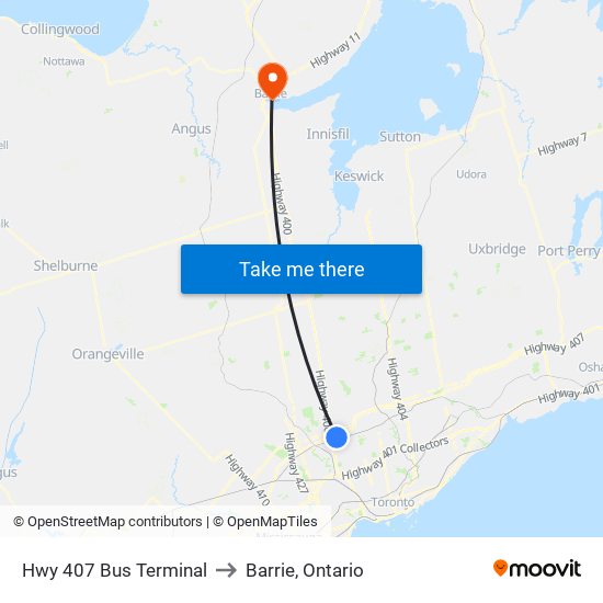 Hwy 407 Bus Terminal to Barrie, Ontario map