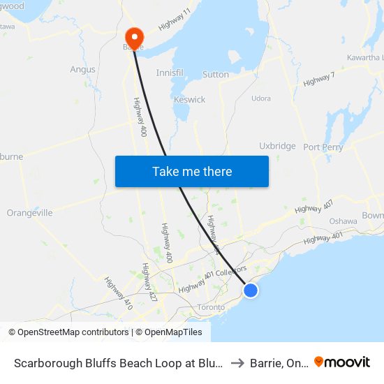 Scarborough Bluffs Beach Loop at Bluffers Park Rd to Barrie, Ontario map