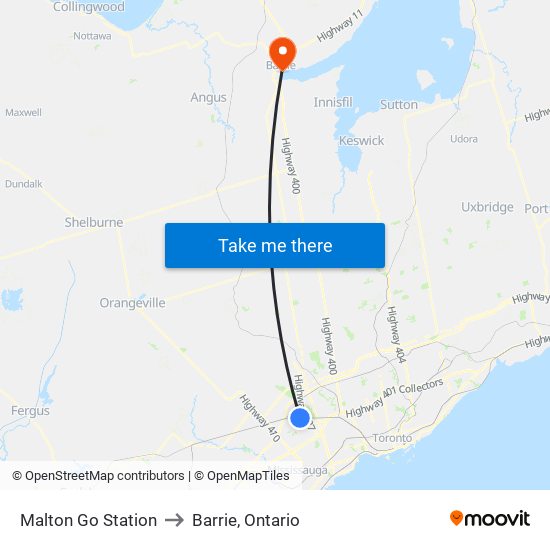 Malton Go Station to Barrie, Ontario map