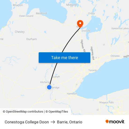 Conestoga College Doon to Barrie, Ontario map