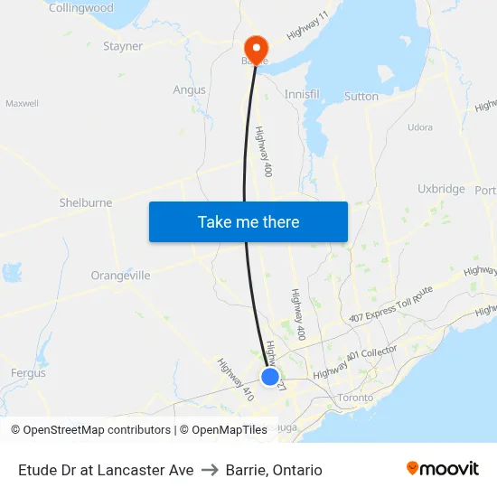 Etude Dr at Lancaster Ave to Barrie, Ontario map