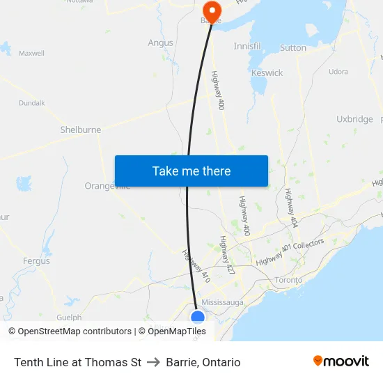 Tenth Line at Thomas St to Barrie, Ontario map