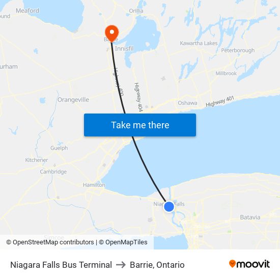 Niagara Falls Bus Terminal to Barrie, Ontario map