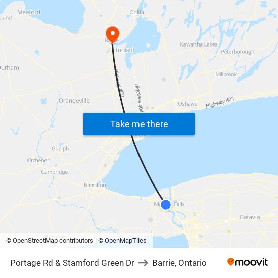 Portage Rd & Stamford Green Dr to Barrie, Ontario map