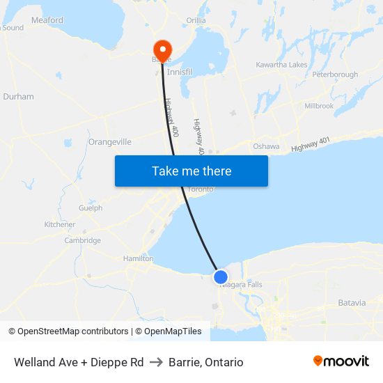 Welland Ave + Dieppe Rd to Barrie, Ontario map