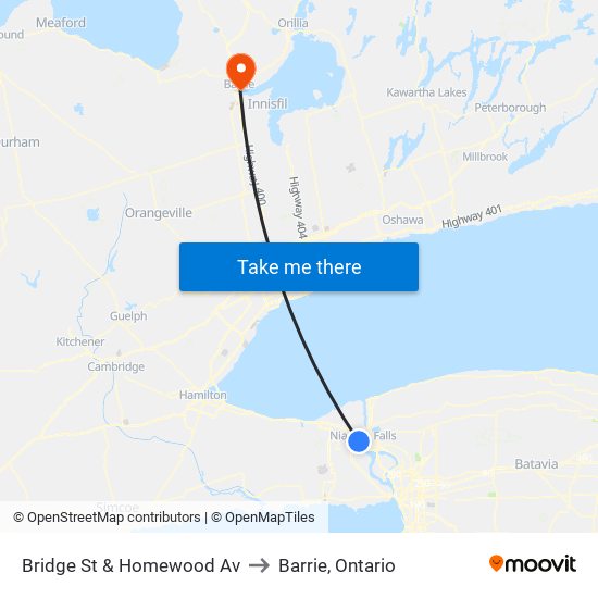 Bridge St & Homewood Av to Barrie, Ontario map