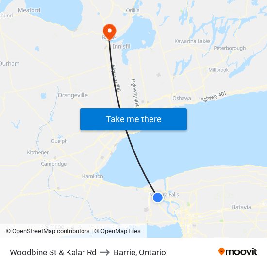 Woodbine St & Kalar Rd to Barrie, Ontario map