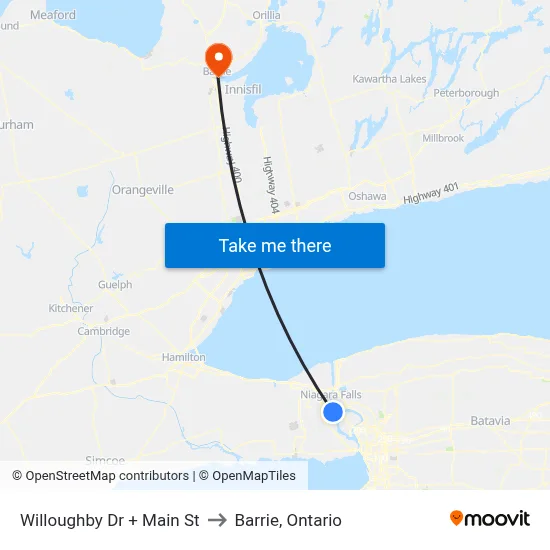 Willoughby Dr + Main St to Barrie, Ontario map