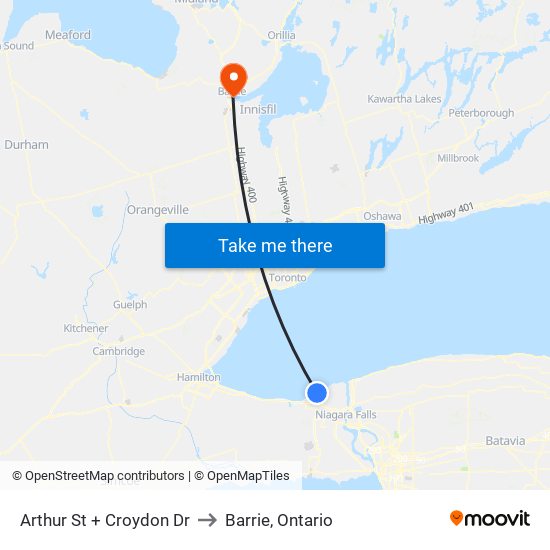 Arthur St + Croydon Dr to Barrie, Ontario map