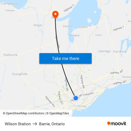 Wilson Station to Barrie, Ontario map