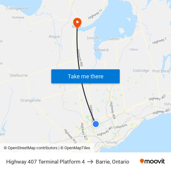 Highway 407 Terminal Platform 4 to Barrie, Ontario map