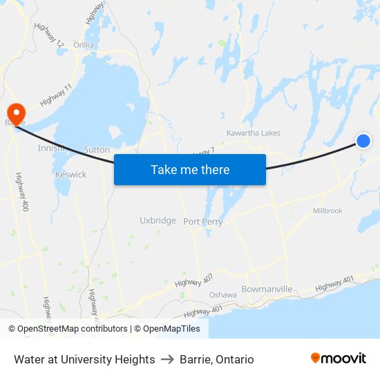 Water at University Heights to Barrie, Ontario map