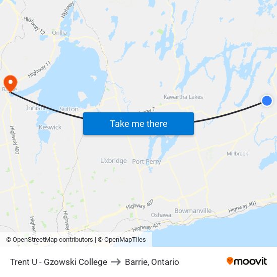 Trent U - Gzowski College to Barrie, Ontario map