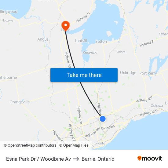 Esna Park Dr / Woodbine Av to Barrie, Ontario map