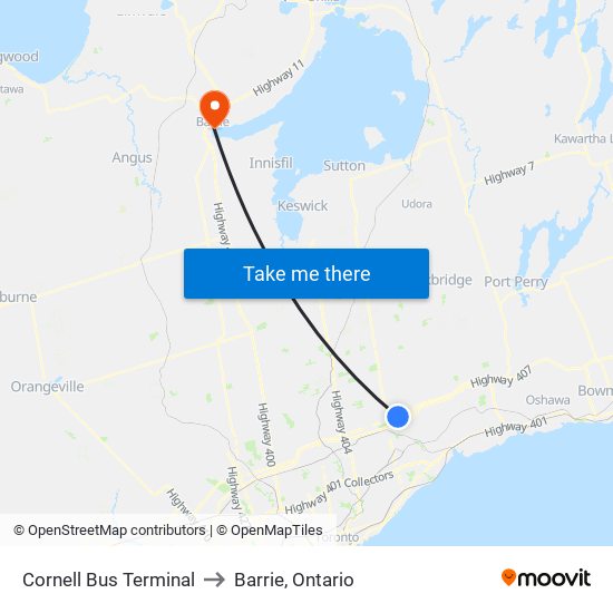 Cornell Bus Terminal to Barrie, Ontario map