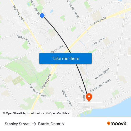 Stanley Street to Barrie, Ontario map