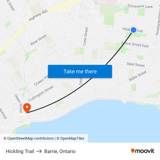 Hickling Trail to Barrie, Ontario map