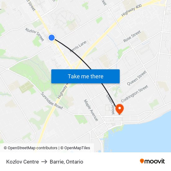 Kozlov Centre to Barrie, Ontario map