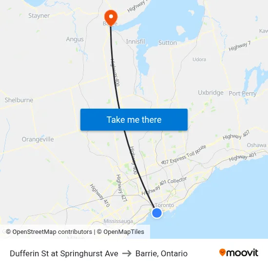 Dufferin St at Springhurst Ave to Barrie, Ontario map