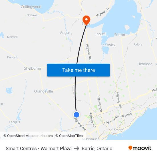 Smart Centres - Walmart Plaza to Barrie, Ontario map