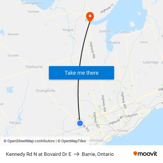 Kennedy Rd N at Bovaird Dr E to Barrie, Ontario map