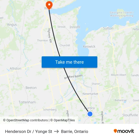 Henderson Dr / Yonge St to Barrie, Ontario map