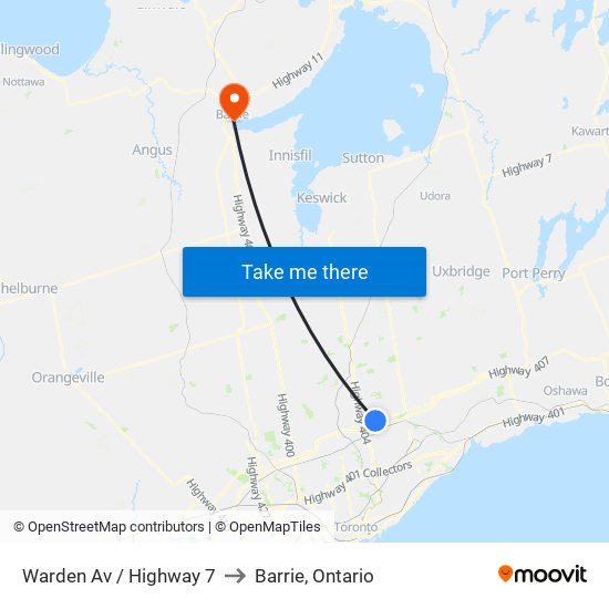 Warden Av / Highway 7 to Barrie, Ontario map